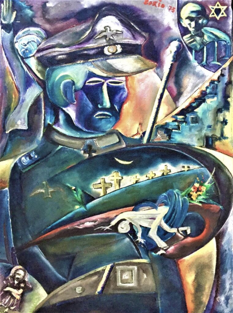 1975 - Le medaglie della guerra. (Hitler e le sue vittime. Nel quadro c'è anche un riferimento alla Metamorfosi di Kafka) - Olio su tela, 50x68 cm