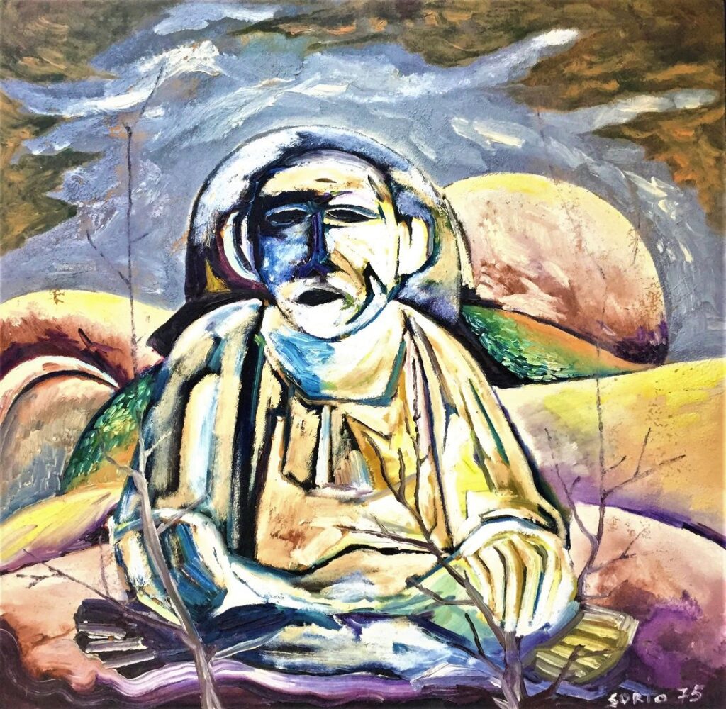 1975 - Uomo del mio tempo, che guardi i frutti della tua vigna, non piangere sul tuo raccolto, fra non molto sarà peggiore - Olio su legno, 60x60 cm