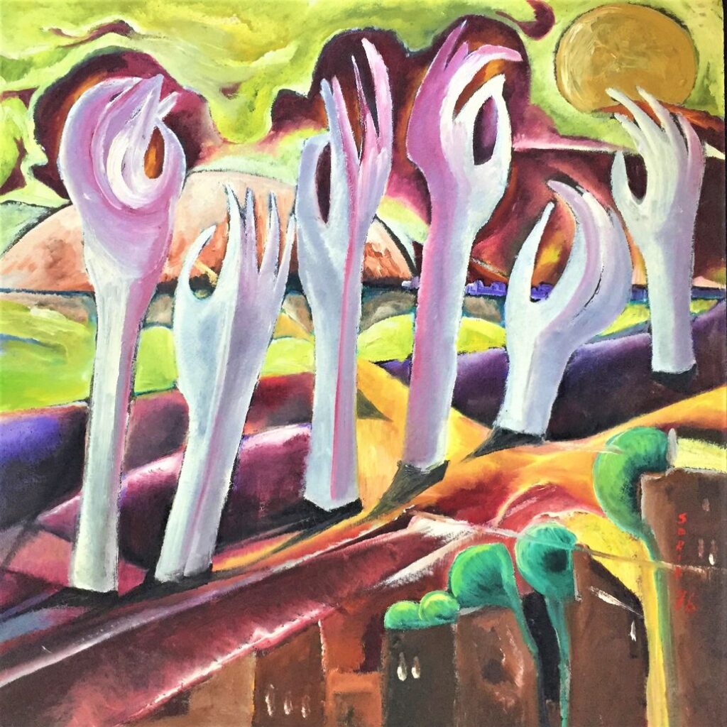 1976 - Le mani dell'egoismo sopra l'ombra dell'uomo. Mani disperate, tristemente inconscie, tese verso valori effimeri - Olio su legno, 61x51 cm